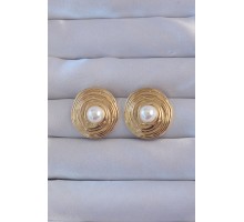 316L Çelik Gold Renk İnci Detay Oval Kıvrımlı Vintage Küpe - TJ-BKP9168