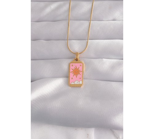 316L Çelik Gold Renk Pembe Mineli Güneş Model Tarot Kolye - TJ-BKO9029