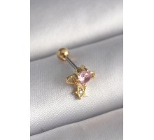 316L Çelik Gold Renk Pembe Zirkon Taşlı Sallantı Yıldız Detay Tragus Piercing - TJ-PR1236