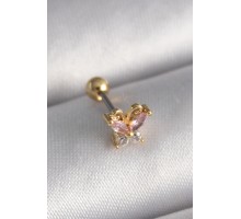 316L Çelik Gold Renk Pembe Zirkon Taşlı Kelebek Tragus Piercing - TJ-PR1240