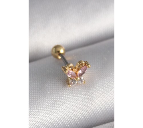 316L Çelik Gold Renk Pembe Zirkon Taşlı Kelebek Tragus Piercing - TJ-PR1240