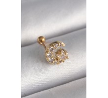 316L Çelik Gold Renk Zirkon Taşlı Ay Yıldız Tragus Piercing - TJ-PR1256