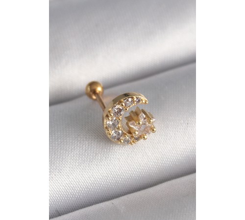 316L Çelik Gold Renk Zirkon Taşlı Ay Yıldız Tragus Piercing - TJ-PR1256