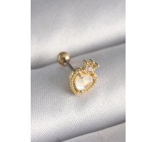 316L Çelik Gold Renk Beyaz Mineli Kalp Zirkon Taş Detaylı Taç Tragus Piercing - TJ-PR1262