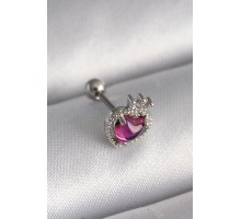 316L Çelik Gümüş Renk Pembe Mineli Kalp Zirkon Taş Detaylı Taç Tragus Piercing - TJ-PR1263