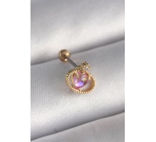 316L Çelik Gold Renk Pembe Mineli Kalp Zirkon Taş Detay Tragus Piercing - TJ-PR1272