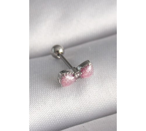 316L Çelik Gümüş Renk Pembe Kurdele Zirkon Taş Detay Tragus Piercing - TJ-PR1295