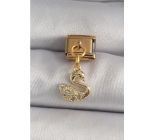 316L Çelik Gold Renk Sallantı Zirkon Taşlı Kuğu Model Nomination Charm - TJ-BC1197