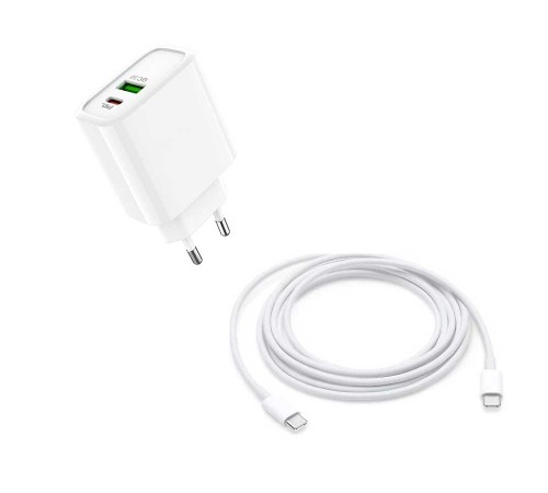 toptan-xml-dropshipping-20 Watt 1x USB-A 1x USB-C 1 Mt Type-C to Type-C Kablo Hızlı Şarj Özellikli Adaptör + Kablo AC96