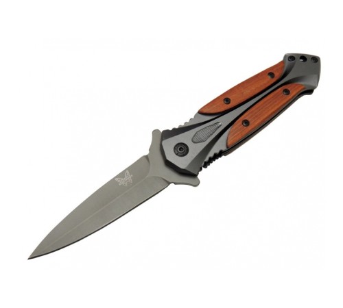 Benchmade DA27B Gri Sivri Kamp Çakı 20cm - Yarı Otomatik, Kemerlikli, Kutulu, Ahşap - Metal Sap