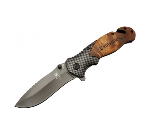 Browning X50 Kahverengi Kurtarma / Kamp Çakısı 20,5cm- Yarı Otomatik, Kemerlikli, Ahşap Sap, Cam Kırma ve İp Kesme Aparatlı