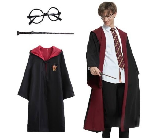 Harry Potter Gryffindor Kapişonlu Çocuk Kostüm + Asa + Gözlük Seti 5-6 Yaş