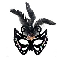 Siyah Renk Siyah Süet Kaplama Tüylü Kelebek Figür Parti Maskesi 24x18 cm