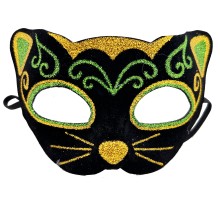 Siyah Kadife Kaplama Üzeri Sarı Yeşil Sim İşlemeli Kedi Maskesi 20x13 cm