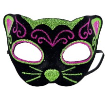 Siyah Kadife Kaplama Üzeri Pembe Yeşil Sim İşlemeli Kedi Maskesi 20x13 cm