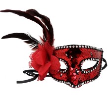 Kırmızı Renk Yandan Tüylü Güllü Gümüş Taşlı Pullu Maske 20x22 cm